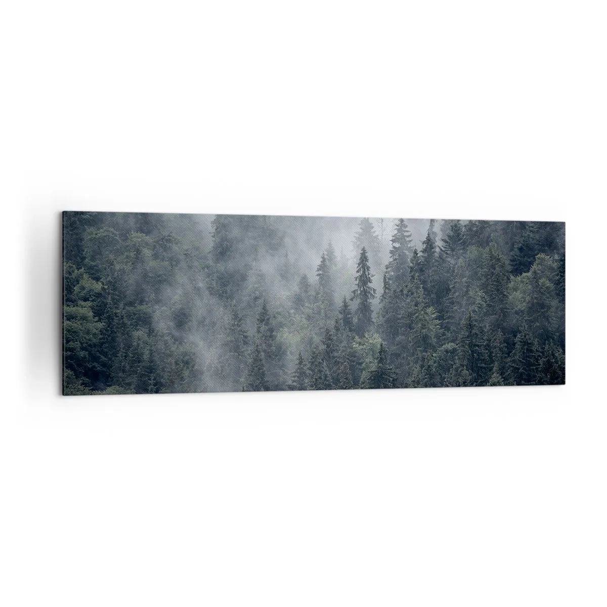 Bild auf Leinwand - Leinwandbild - Nebliger Nadelwald in Grau- und Grüntönen - 160x50cm - Walddämmerung - Moderne Wanddekoration für Wohnzimmer und Schlafzimmer ARTTOR