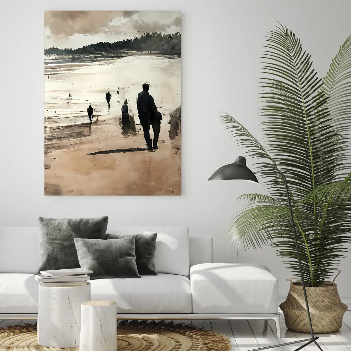 Glasbild - Bild auf glas - Silhouetten, die unter einem bewölkten Himmel an einem breiten Strand spazieren - 50x70cm - Einberufen - Moderne Wanddekoration für Wohnzimmer und Schlafzimmer ARTTOR