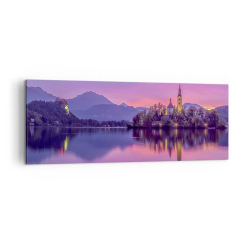 Bild auf Leinwand - Leinwandbild - See mit einer Insel und einer Kirche bei Sonnenuntergang - 140x50cm - Eine märchenhafte Insel in der Abenddämmerung - Moderne Wanddekoration für Wohnzimmer und Schlafzimmer ARTTOR