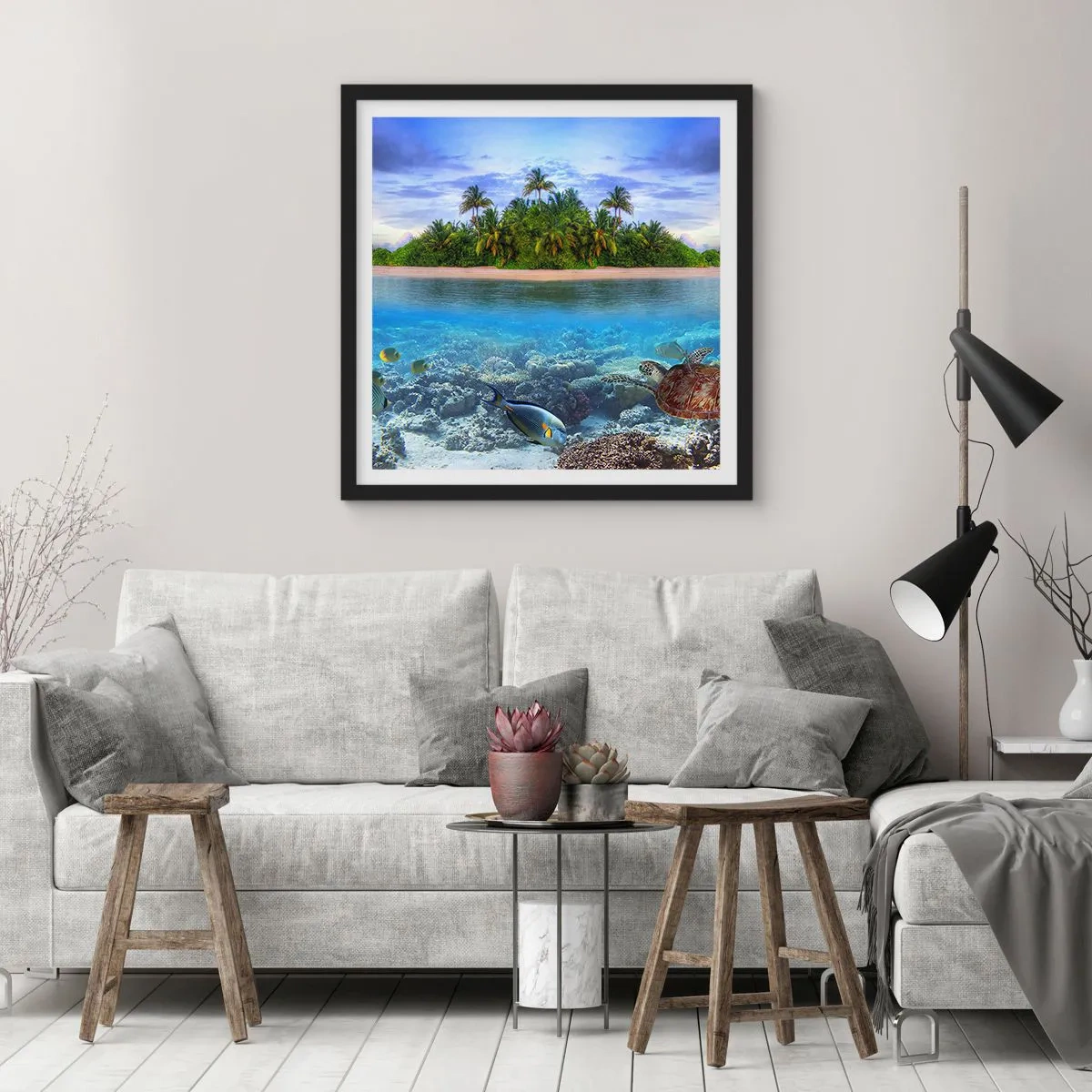 Poster in einem schwarzem Rahmen - Heavenly Island lädt dich ein - 30x30 cm