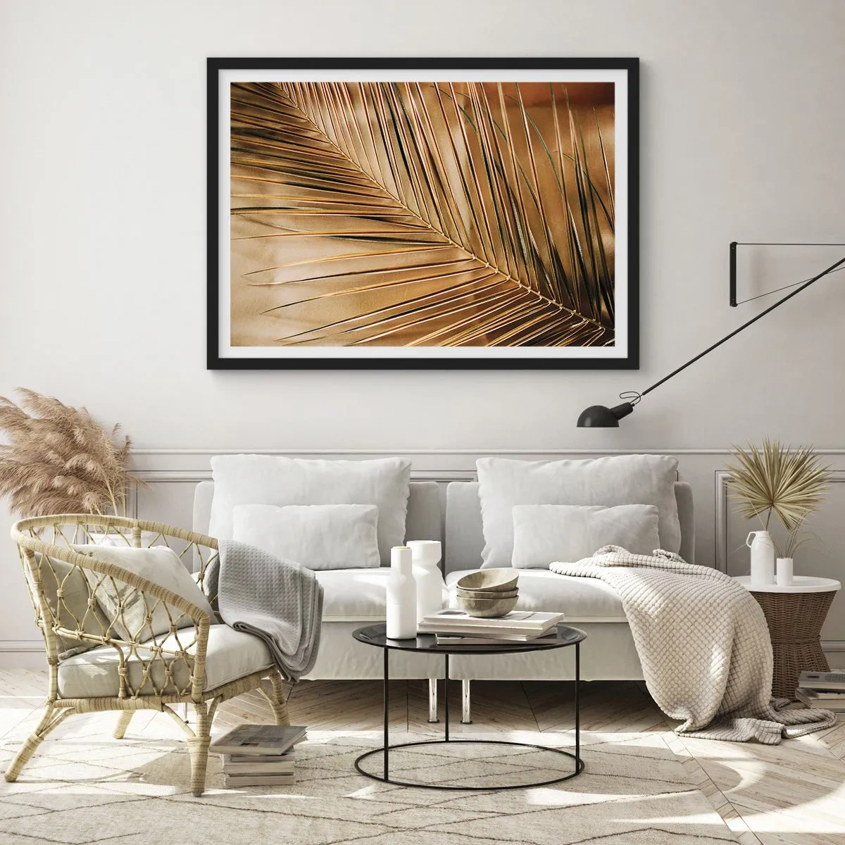 Poster in einem schwarzem Rahmen - Goldenes Palmblatt auf einem einfarbigen Hintergrund - 70x50cm - Natürliche Kolonnade - Moderne Wanddekoration für Wohnzimmer und Schlafzimmer ARTTOR