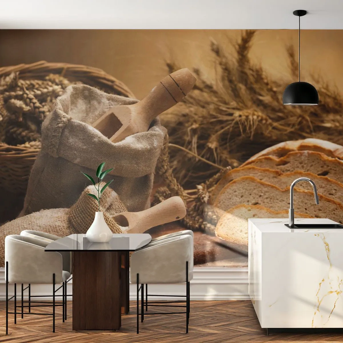 Fototapete Premium Canvas - Eine Landschaft mit Brot, Mehl und Ähren im rustikalen Stil. - 100x70cm - Wie mit einem Messer geschnitten - Moderne Wanddekoration für Wohnzimmer und Schlafzimmer ARTTOR