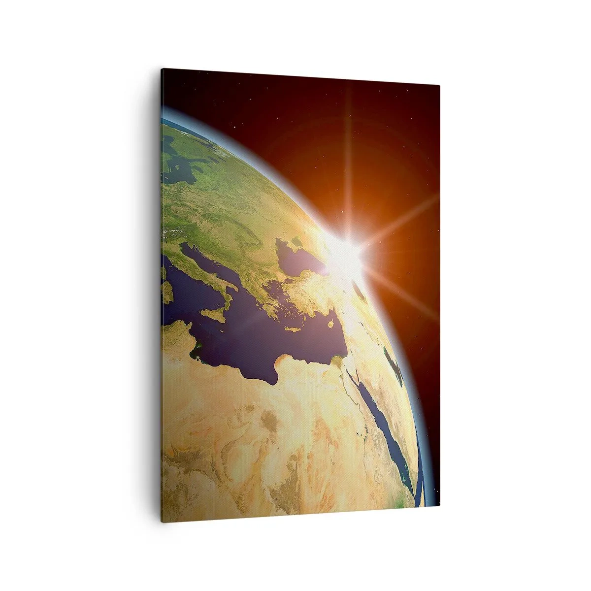 Bild auf Leinwand - Leinwandbild - Blick auf die Erde aus dem Weltraum mit Sonnenstrahlen am Horizont - 70x100cm - Sonnenaufgang - Moderne Wanddekoration für Wohnzimmer und Schlafzimmer ARTTOR
