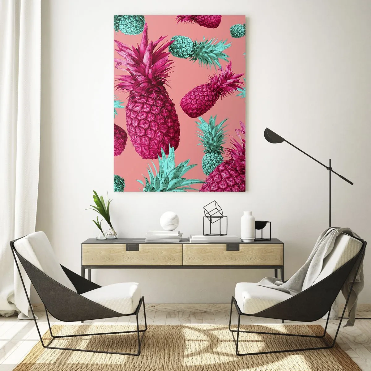 Glasbild - Bild auf glas - Exotische Ananas in Pink und Türkis - 70x100cm - Freiheit ist süß - Moderne Wanddekoration für Wohnzimmer und Schlafzimmer ARTTOR