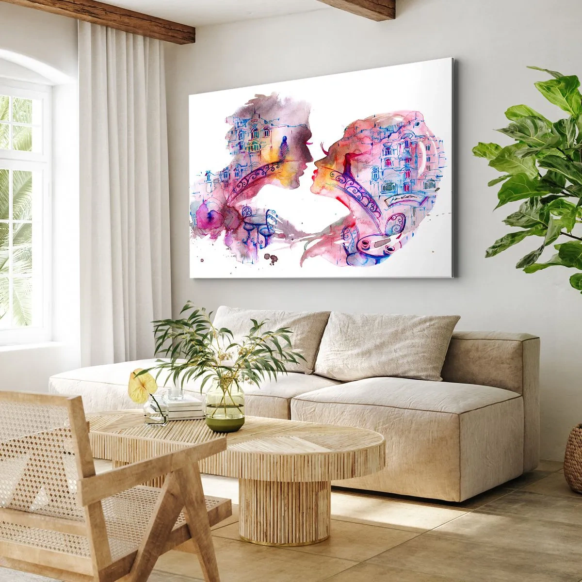 Bild auf Leinwand - Leinwandbild - Ein romantisches Aquarell, das die Silhouetten von Liebenden darstellt - 70x50cm - Die geheime Seufzerbrücke - Moderne Wanddekoration für Wohnzimmer und Schlafzimmer ARTTOR
