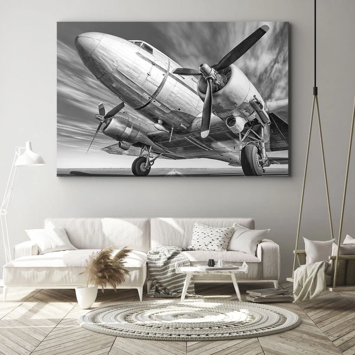 Bild auf Leinwand - Leinwandbild - Ein Schwarzweißbild eines klassischen Flugzeugs mit sichtbaren Strukturdetails. - 100x70cm - Immer flugbereit - Moderne Wanddekoration für Wohnzimmer und Schlafzimmer ARTTOR