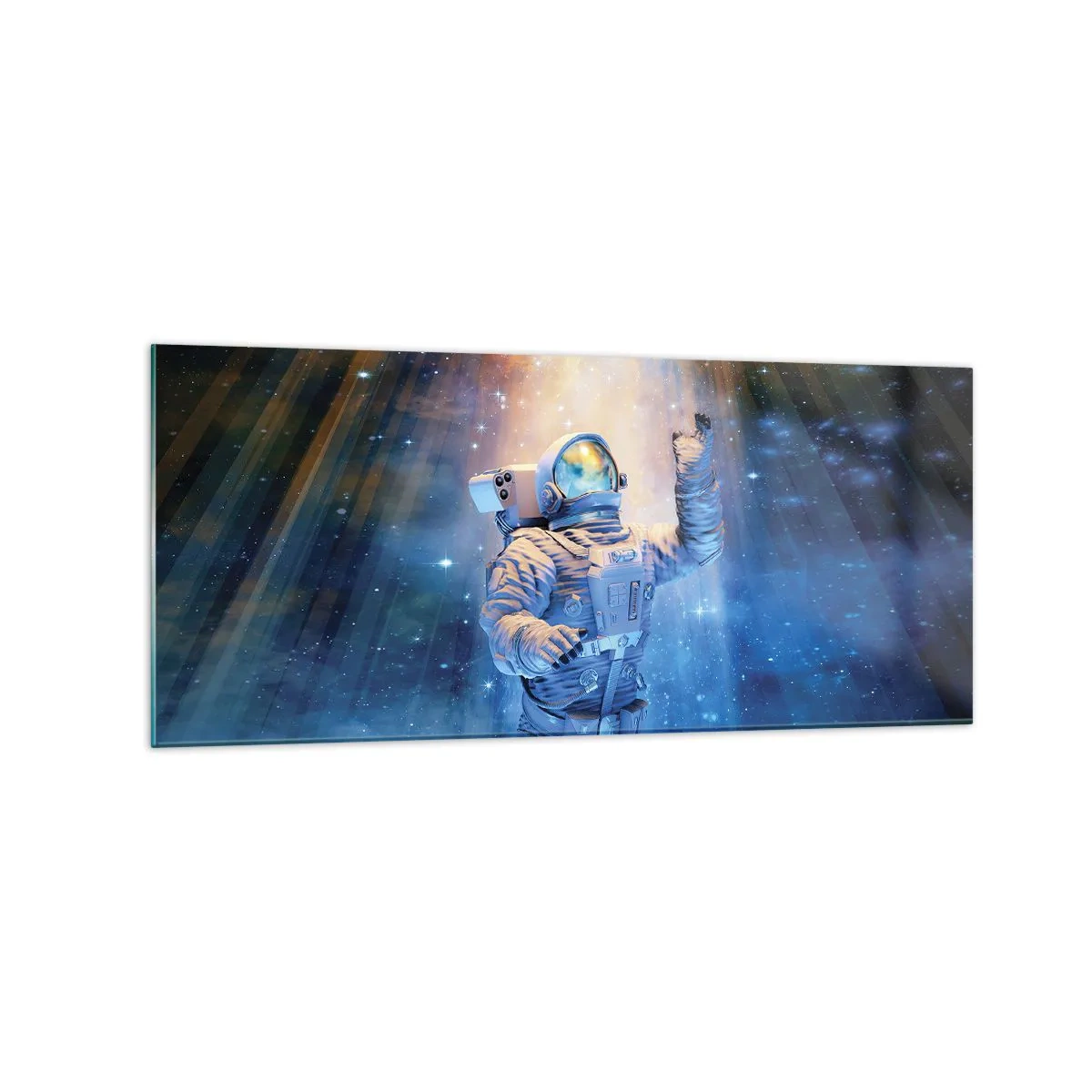 Glasbild - Bild auf glas - Astronaut im Licht einer kosmischen Explosion voller Sterne - 120x50cm - Endlich am Ende - Moderne Wanddekoration für Wohnzimmer und Schlafzimmer ARTTOR