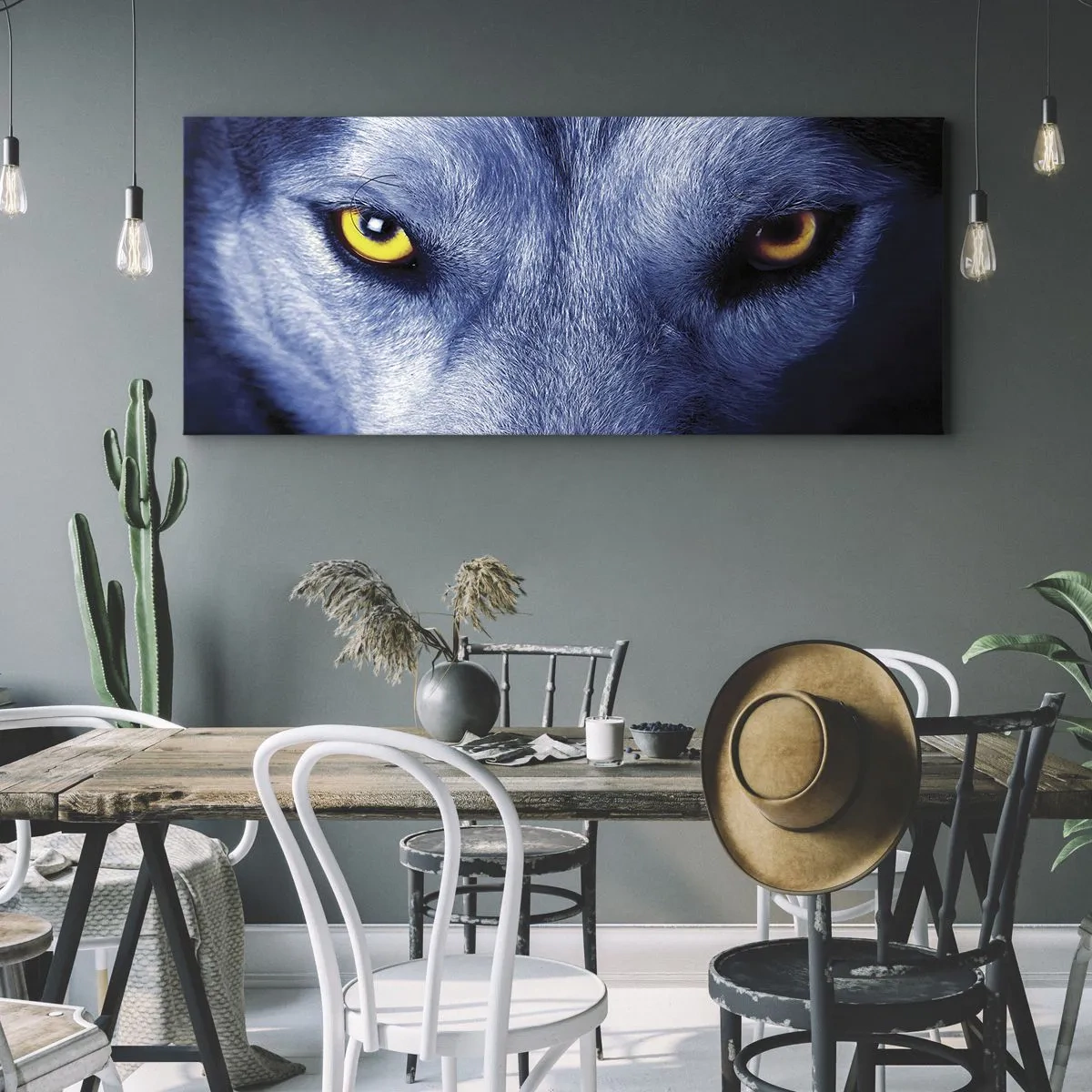 Bild auf Leinwand - Leinwandbild - Nahaufnahme des intensiven Blicks eines Wolfes vor dunklem Hintergrund - 120x50cm - Faszinierender Blick - Moderne Wanddekoration für Wohnzimmer und Schlafzimmer ARTTOR