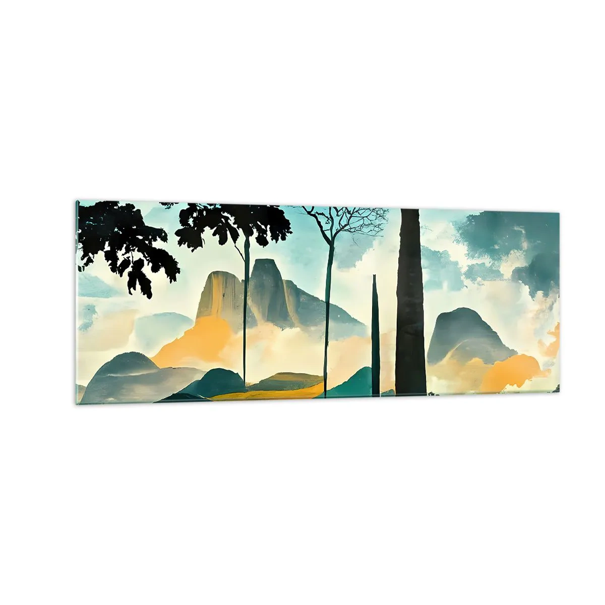 Glasbild - Bild auf glas - Eine malerische Landschaft mit Bäumen und Bergen im Hintergrund - 140x50cm - Immer höher und höher - Moderne Wanddekoration für Wohnzimmer und Schlafzimmer ARTTOR