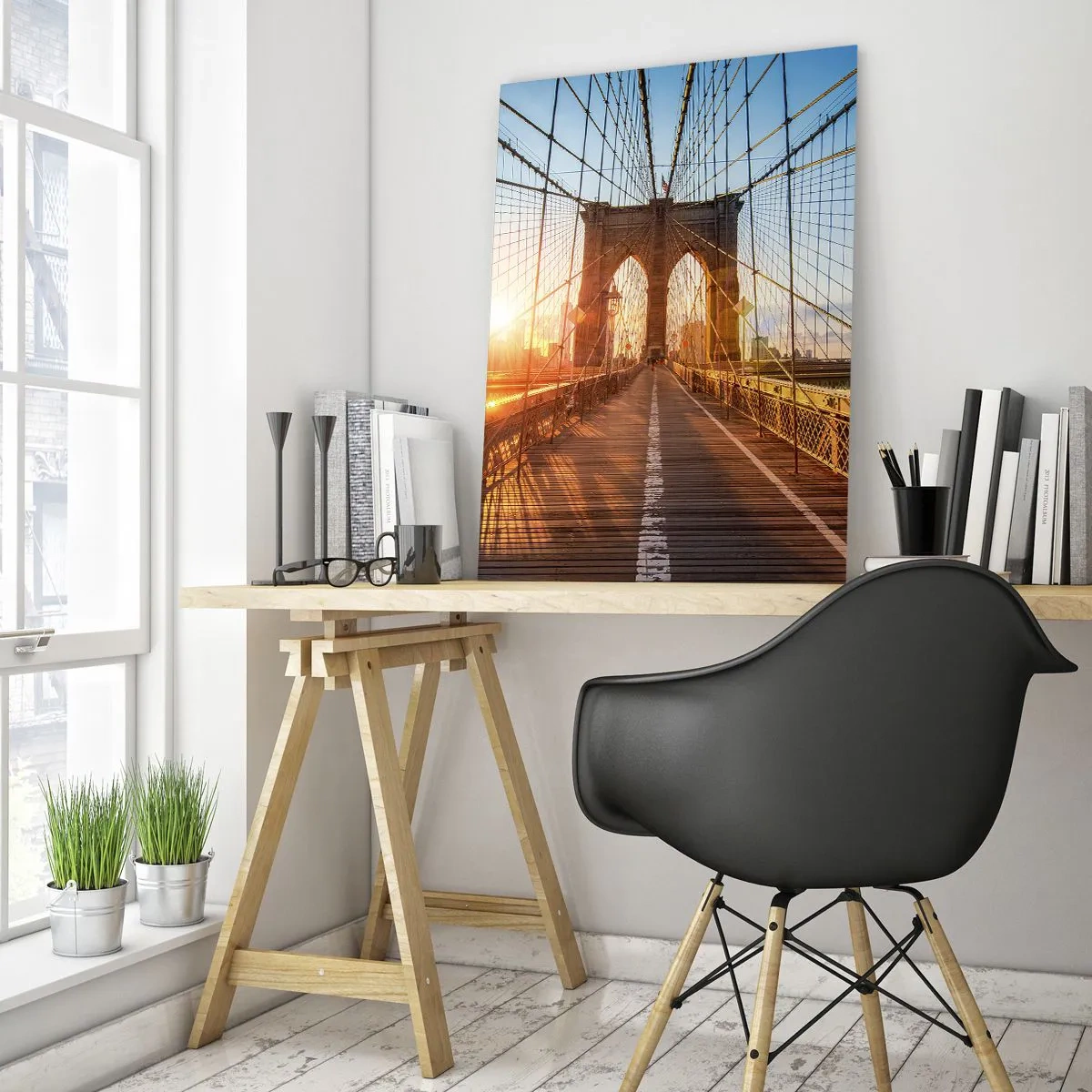 Glasbild - Bild auf glas - Die Brücke im Licht der untergehenden Sonne mit Blick auf die Stadt - 80x120cm - Auf der goldenen Brücke - Moderne Wanddekoration für Wohnzimmer und Schlafzimmer ARTTOR