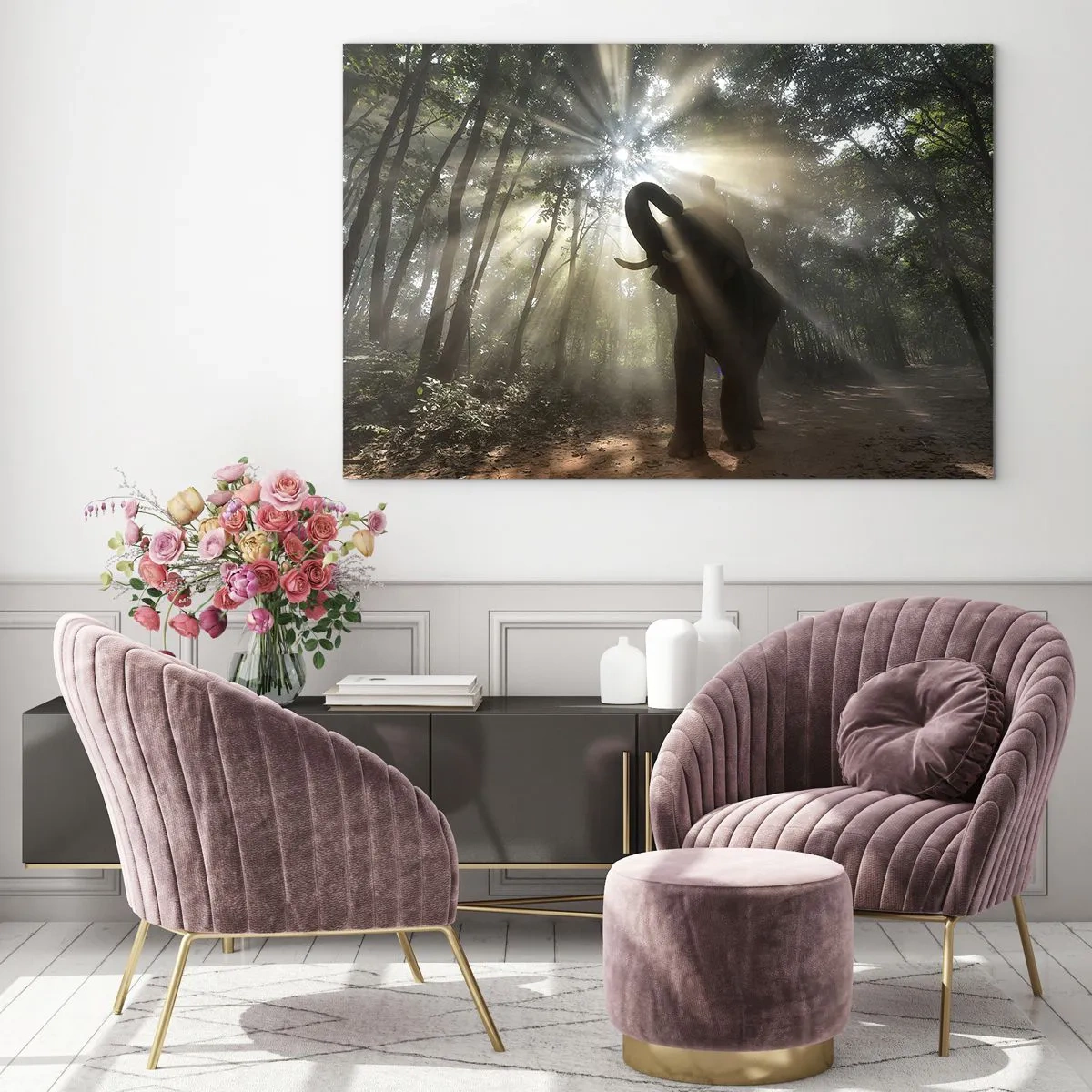 Glasbild - Bild auf glas - Ein Elefant in einem Wald, der vom Sonnenlicht erleuchtet wird - 70x50cm - Unter dem Glücksstern - Moderne Wanddekoration für Wohnzimmer und Schlafzimmer ARTTOR