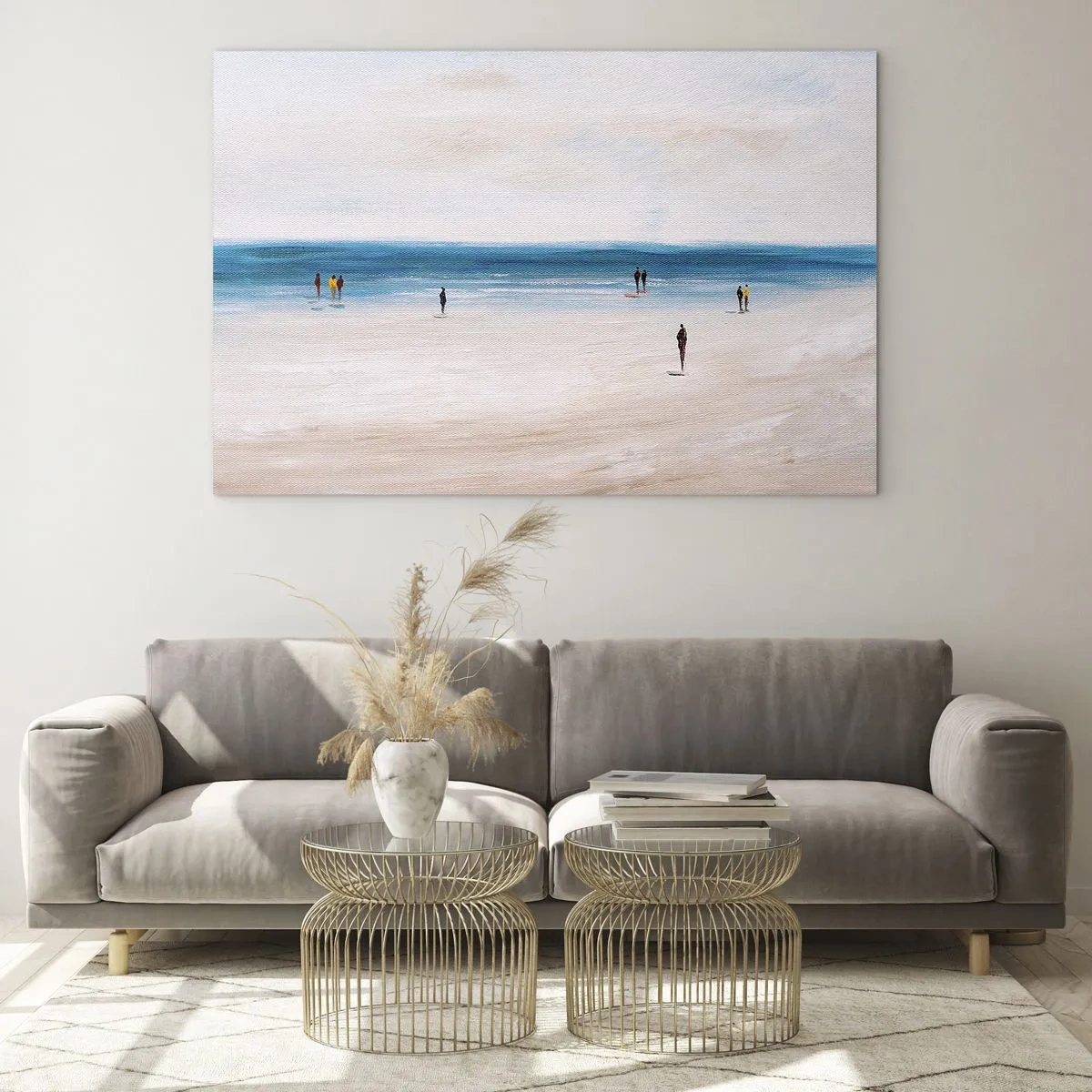 Glasbild - Bild auf glas - Ein ruhiger Strand mit Silhouetten von Menschen, die am Meer entlang spazieren - 120x80cm - Natürliches Bedürfnis - Moderne Wanddekoration für Wohnzimmer und Schlafzimmer ARTTOR