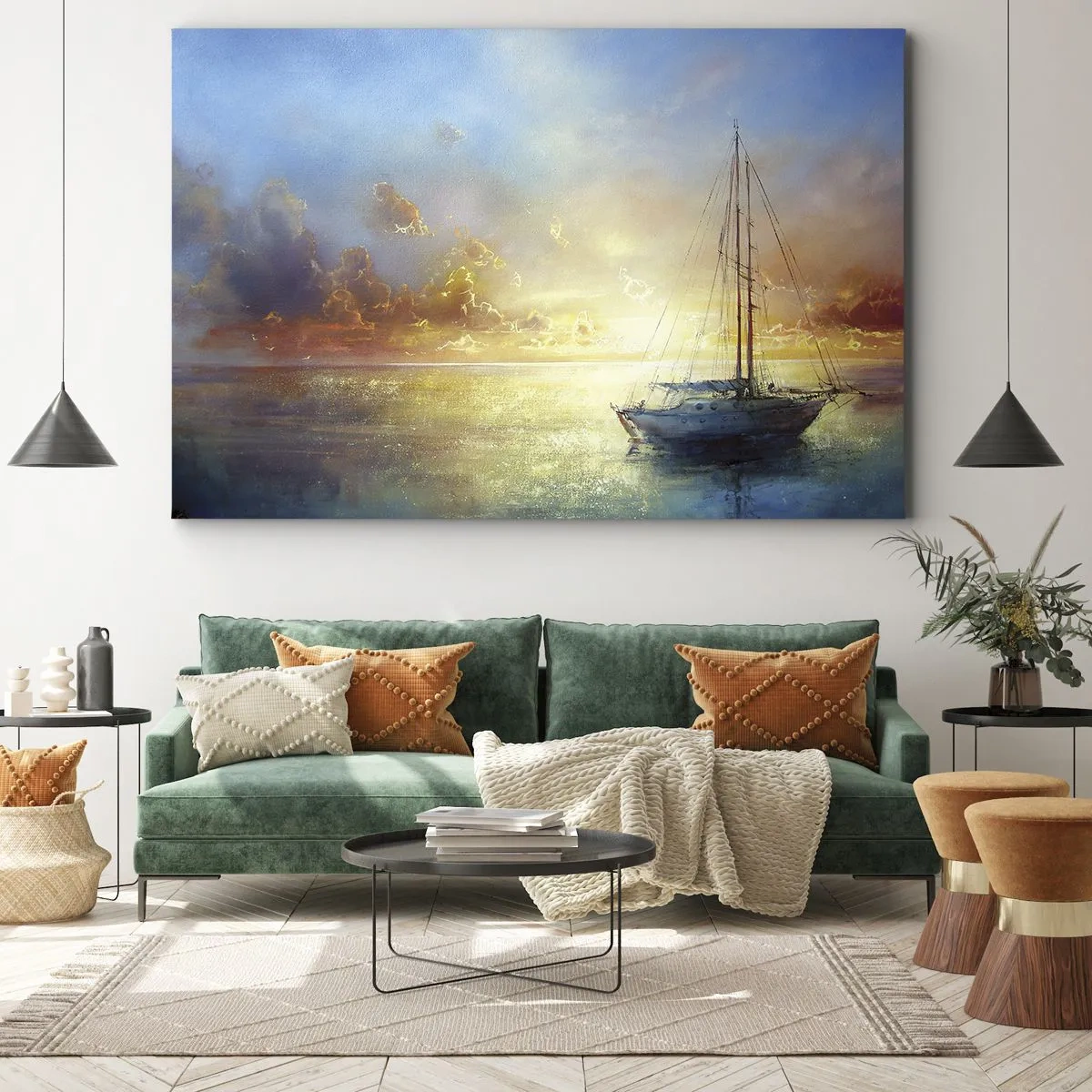 Bild auf Leinwand - Leinwandbild - Eine Yacht auf ruhigem Meer bei Sonnenuntergang - 70x50cm - In einer goldenen Bucht - Moderne Wanddekoration für Wohnzimmer und Schlafzimmer ARTTOR