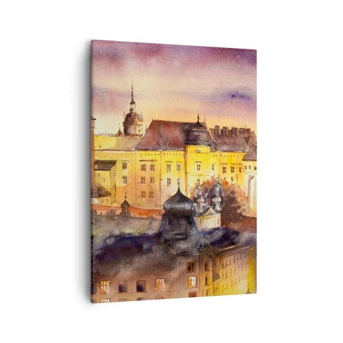 Bild auf Leinwand - Leinwandbild - Ein malerisches Aquarell einer Burg bei Sonnenuntergang - 50x70cm - Geschichte und Märchen - Moderne Wanddekoration für Wohnzimmer und Schlafzimmer ARTTOR