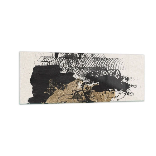 Glasbild - Bild auf glas - Ein abstraktes Gemälde in Schwarz und Gold mit dynamischen Linien und Strukturen. - 140x50cm - Komposition mit Leidenschaft - Moderne Wanddekoration für Wohnzimmer und Schlafzimmer ARTTOR