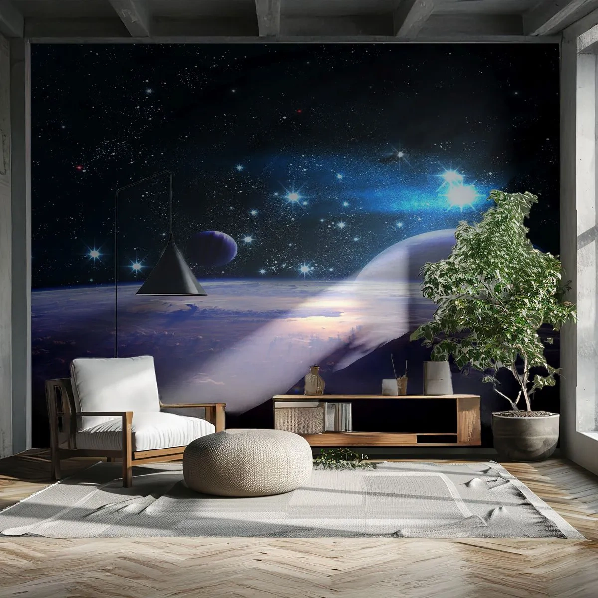 Fototapete Premium Sand - Weltraumansicht mit Planeten und Sternen - 100x70cm - Noch allein? - Moderne Wanddekoration für Wohnzimmer und Schlafzimmer ARTTOR
