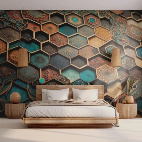 Fototapete Premium Canvas - Bunte Ornamente in sechseckigen Mustern - 100x70cm - Arabische Ornamente – Variation - Moderne Wanddekoration für Wohnzimmer und Schlafzimmer ARTTOR