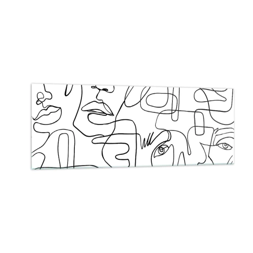 Glasbild - Bild auf glas - Eine minimalistische Zeichnung eines Gesichts mit Linien auf hellem Hintergrund. - 140x50cm - In verworrenen Gefühlen - Moderne Wanddekoration für Wohnzimmer und Schlafzimmer ARTTOR