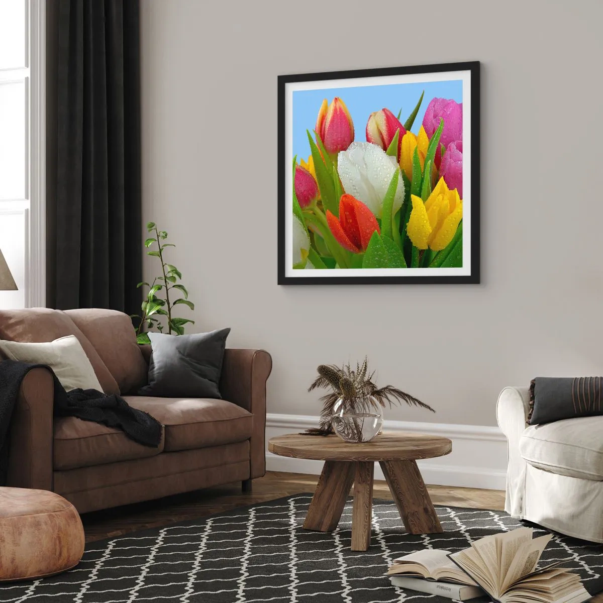 Poster in einem schwarzem Rahmen - Ein blumiger Regenbogen in Tautropfen - 60x60 cm