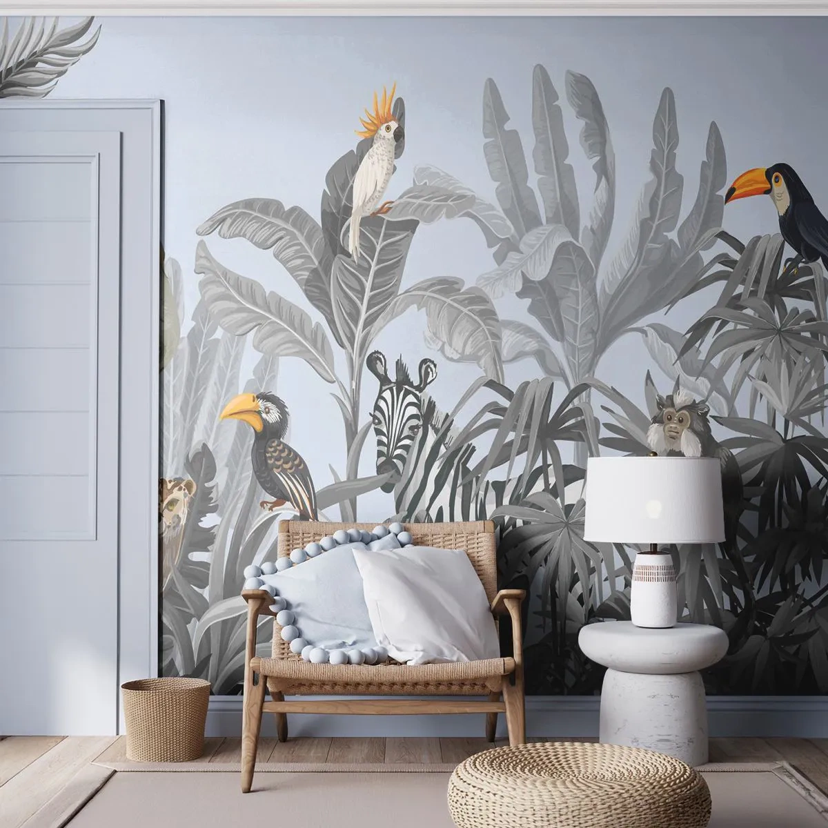 Fototapete Premium Sand - Exotische Tiere in einem tropischen Dschungel auf hellem Hintergrund - 100x70cm - Afrikanisches Märchen - Moderne Wanddekoration für Wohnzimmer und Schlafzimmer ARTTOR