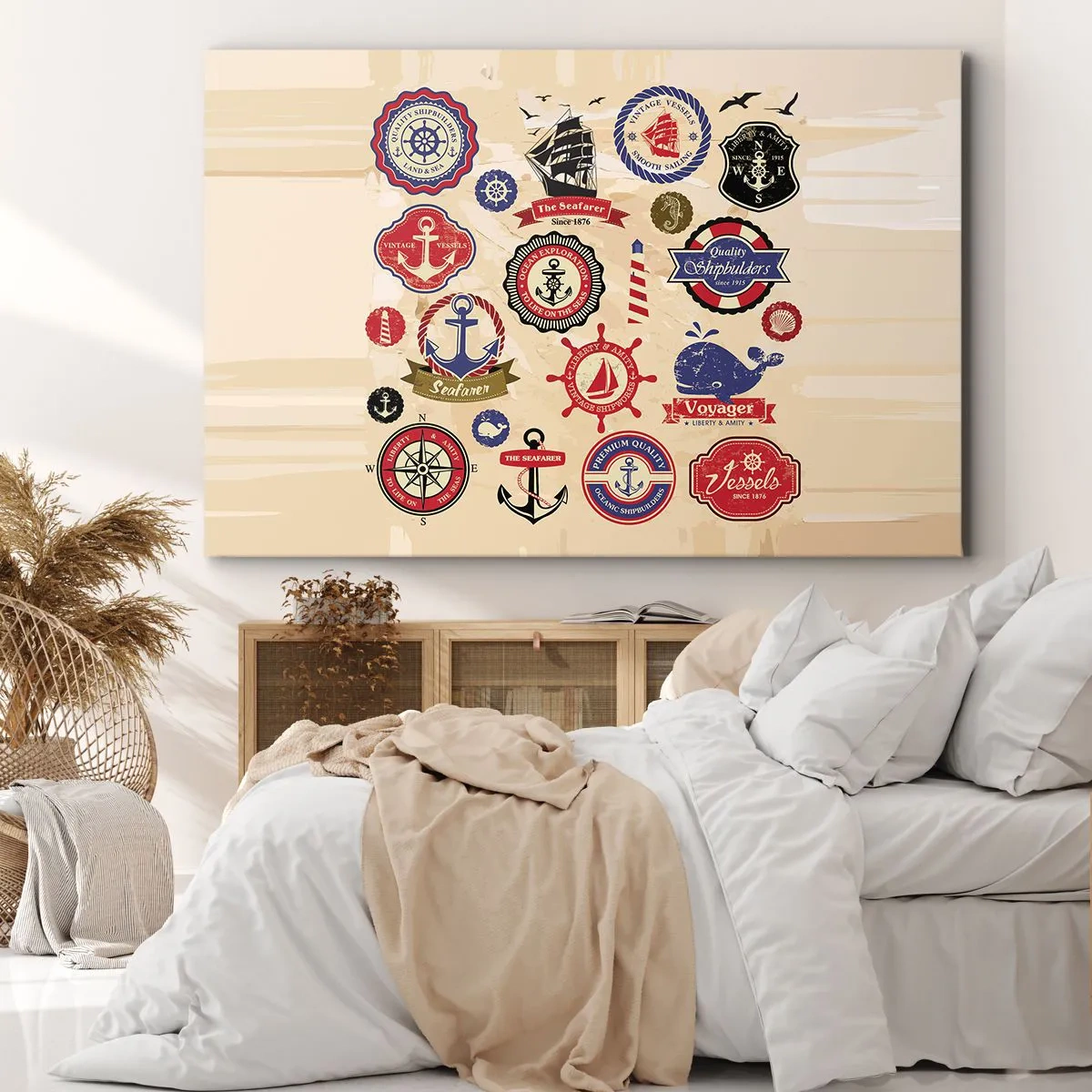 Bild auf Leinwand - Leinwandbild - Eine Sammlung nautischer Grafiken und Symbole auf hellem Hintergrund - 120x80cm - Segelbruderschaft - Moderne Wanddekoration für Wohnzimmer und Schlafzimmer ARTTOR