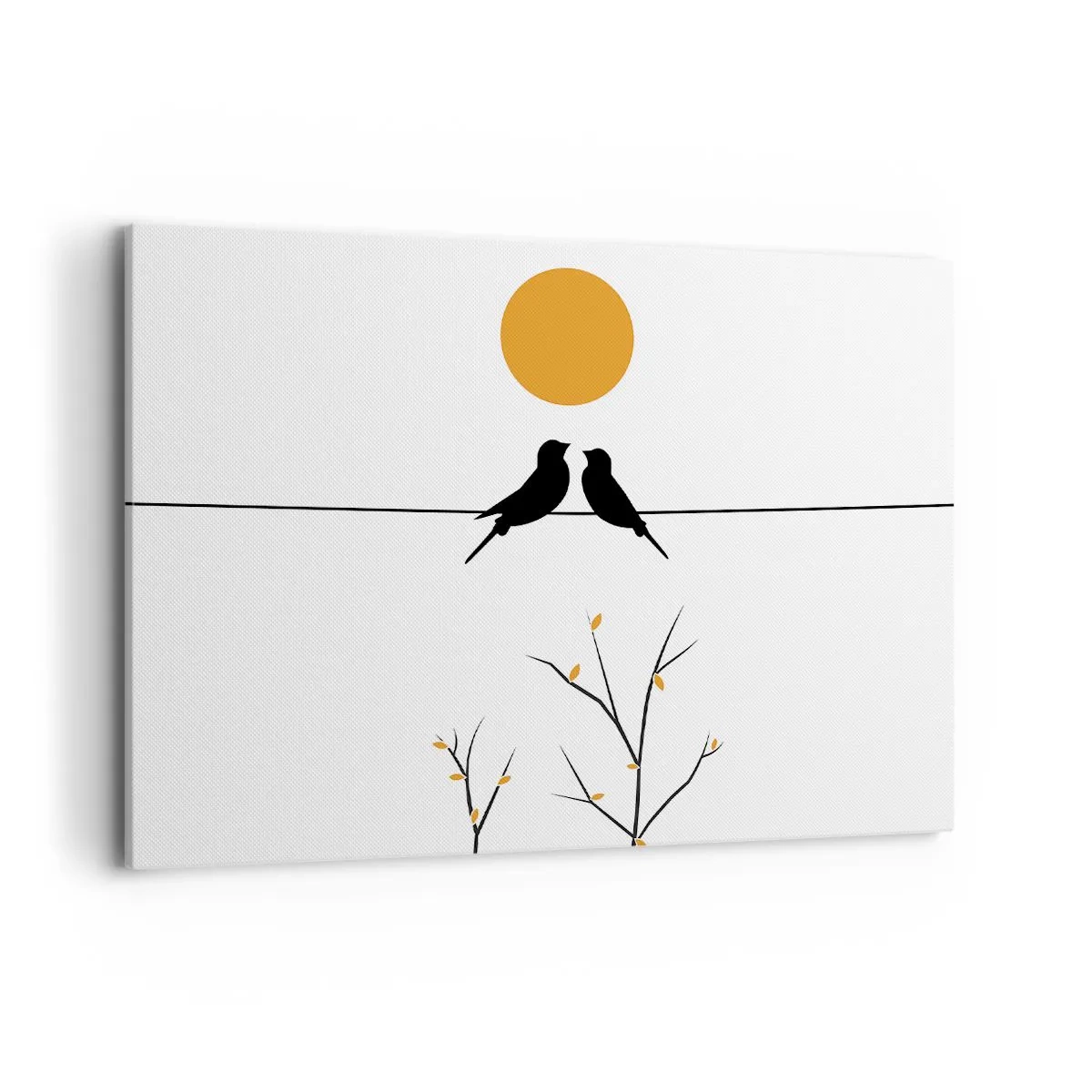 Bild auf Leinwand - Leinwandbild - Vögel auf einer Linie mit einer gelben Sonne - 100x70cm - Abend der Nachtigallen - Moderne Wanddekoration für Wohnzimmer und Schlafzimmer ARTTOR