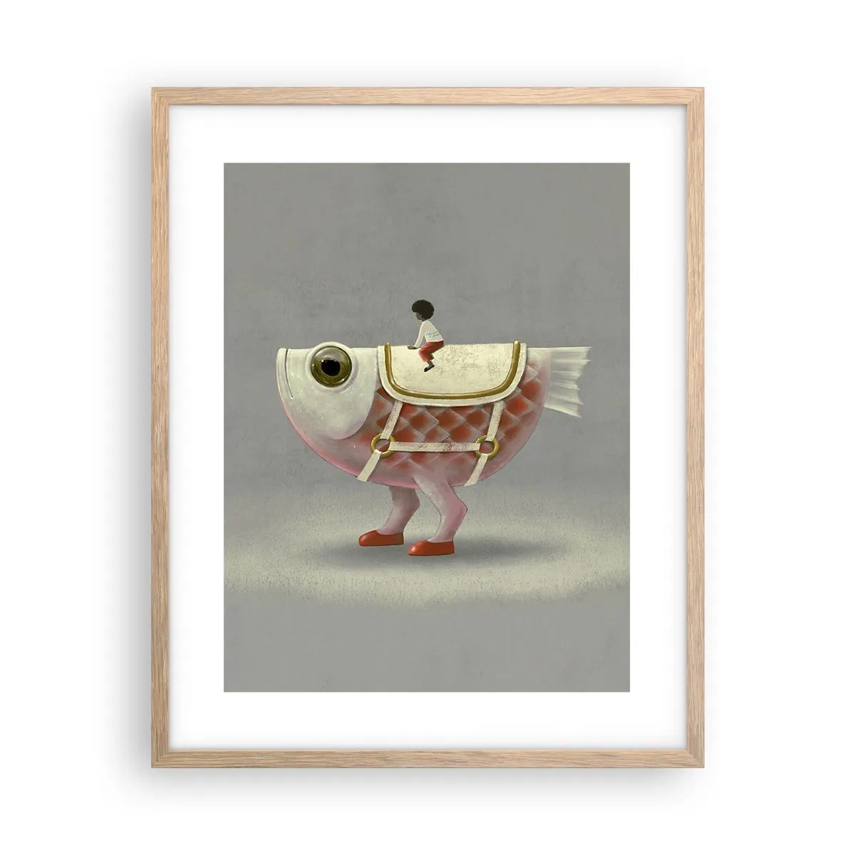 Poster in einem Rahmen aus heller Eiche - Reiter auf einem surrealen Fisch - 40x50 cm