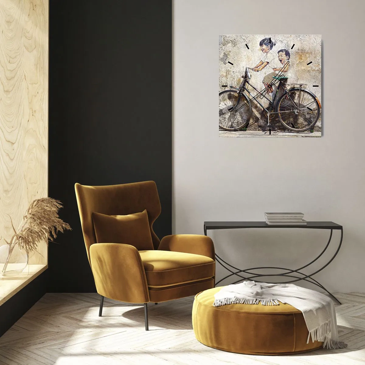 Wanduhr - Glasuhr - Streetart mit Fahrrad und Kinderzeichnungen an der Wand - 30x30cm - Richtig oder falsch? - Moderne Wanddekoration für Wohnzimmer und Schlafzimmer ARTTOR