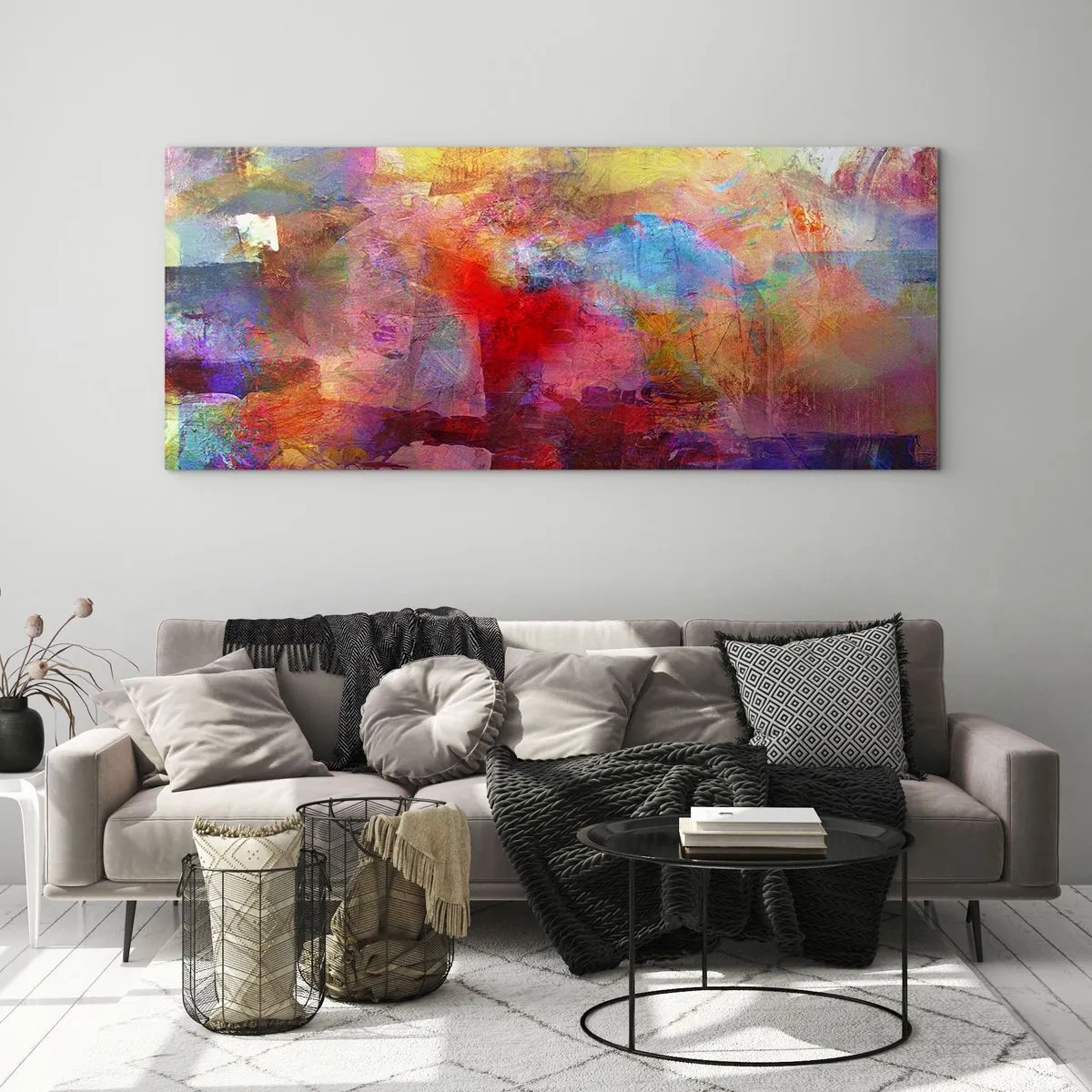 Glasbild - Bild auf glas - Bunte Abstraktion in warmen und kühlen Farbtönen - 120x50cm - Schau in den Regenbogen - Moderne Wanddekoration für Wohnzimmer und Schlafzimmer ARTTOR
