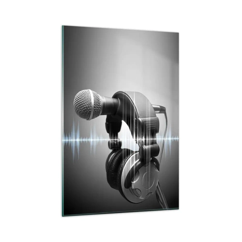 Glasbild - Bild auf glas - Mikrofon und Kopfhörer mit Schallwellenvisualisierung im Hintergrund - 80x120cm - Du kannst immer noch den Gesang hören - Moderne Wanddekoration für Wohnzimmer und Schlafzimmer ARTTOR