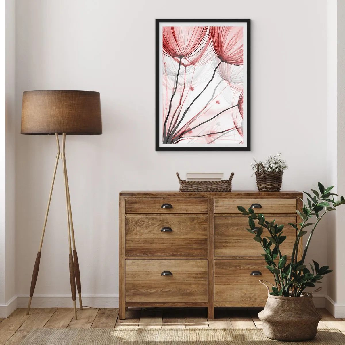 Poster in einem schwarzem Rahmen - Zarte Löwenzahnblüten in Rot- und Schwarztönen - 50x70cm - Vor der Abfahrt - Moderne Wanddekoration für Wohnzimmer und Schlafzimmer ARTTOR