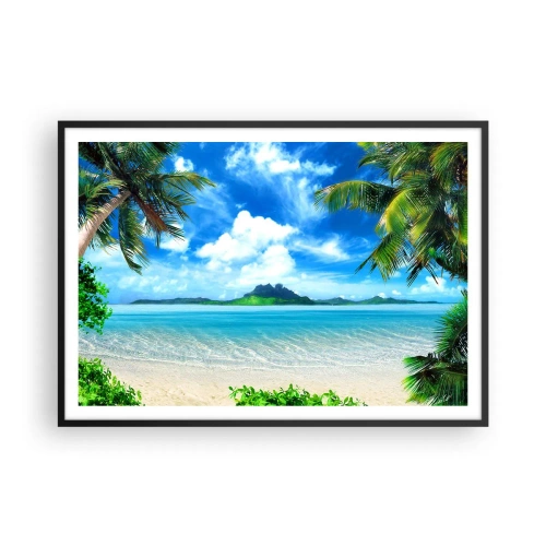 Poster in einem schwarzem Rahmen - Tropischer Strand mit Palmen und Blick auf die Insel - 100x70cm - Das Azurblau der Tropen - Moderne Wanddekoration für Wohnzimmer und Schlafzimmer ARTTOR