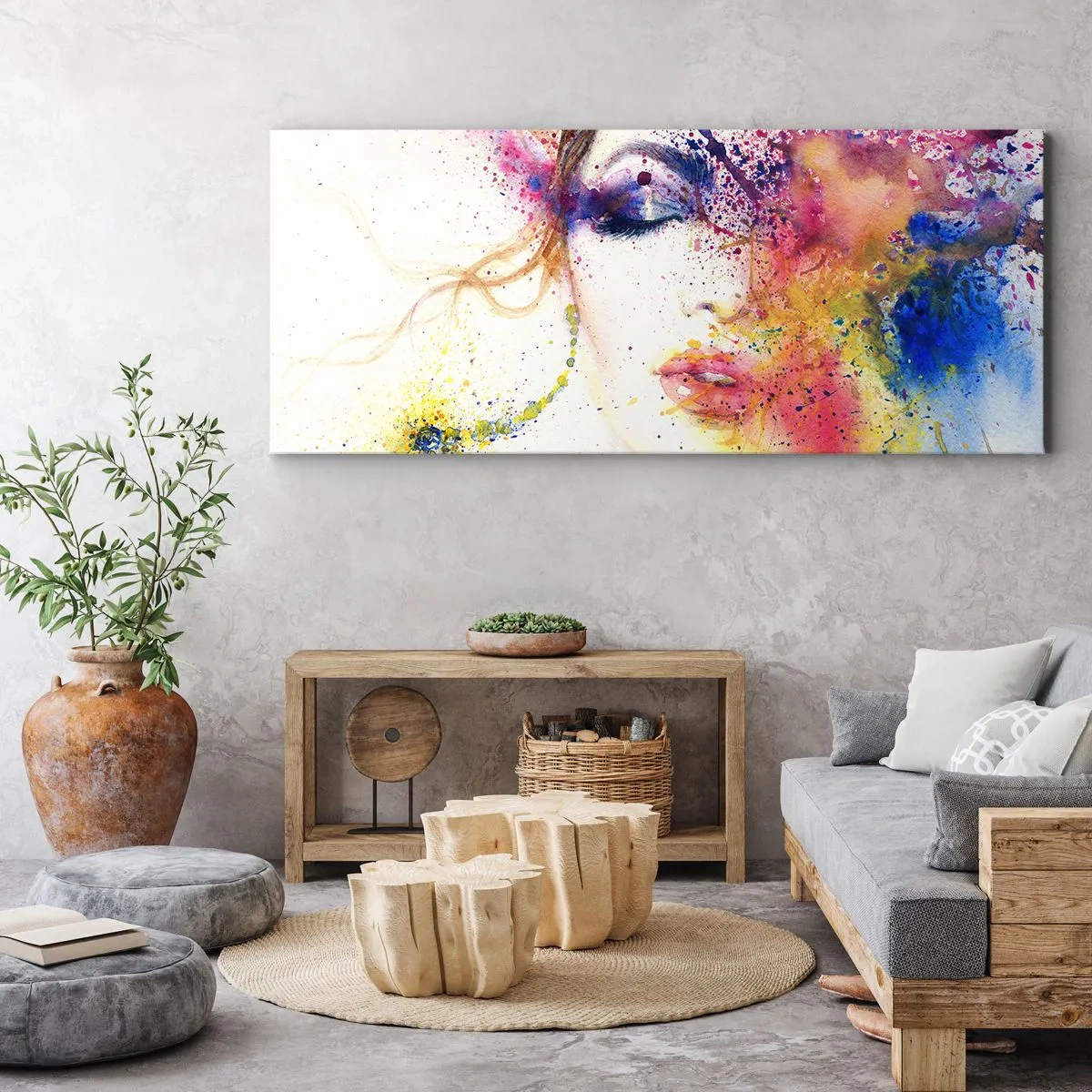 Bild auf Leinwand - Leinwandbild - Ein künstlerisches Frauenportrait in ausdrucksstarken Aquarellfarben. - 140x50cm - Regenbogenschwindel - Moderne Wanddekoration für Wohnzimmer und Schlafzimmer ARTTOR