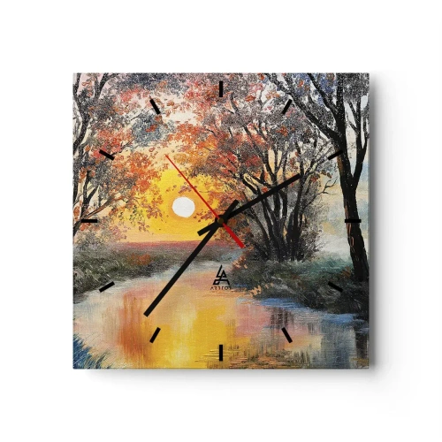 Wanduhr - Glasuhr - Sonnenuntergang über dem Fluss in einer Herbstlandschaft - 30x30cm - Herbststimmung - Moderne Wanddekoration für Wohnzimmer und Schlafzimmer ARTTOR