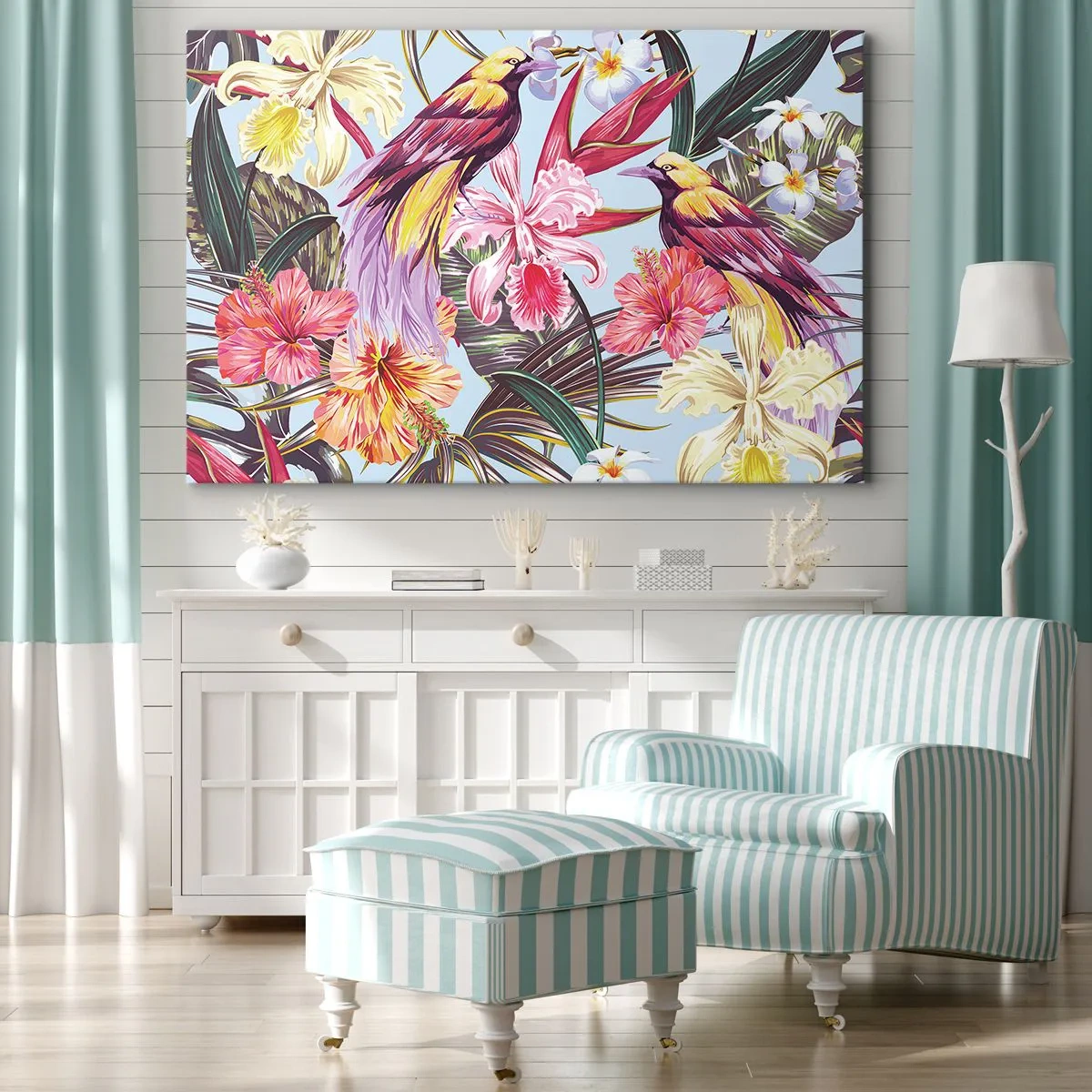 Bild auf Leinwand - Leinwandbild - Exotische Vögel zwischen tropischen Blumen - 120x80cm - Blütenblätter und Federn - Moderne Wanddekoration für Wohnzimmer und Schlafzimmer ARTTOR