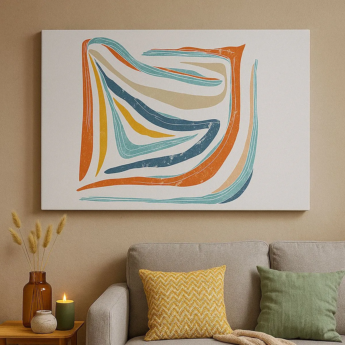 Bild auf Leinwand - Leinwandbild - Bunte, dynamische Linien in Blau-, Orange- und Beigetönen - 70x50cm - Abstraktion mit einem freundlichen Lächeln - Moderne Wanddekoration für Wohnzimmer und Schlafzimmer ARTTOR