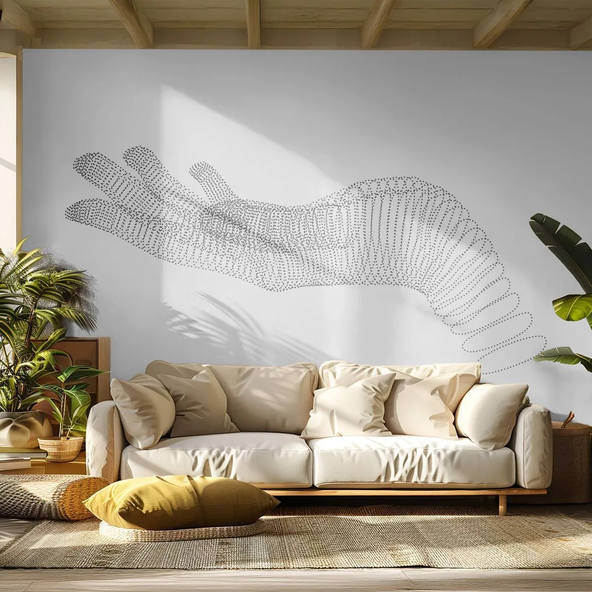 Fototapete Premium Sand - Abstrakte Handarbeit aus schwarzen Punkten auf weißem Hintergrund - 100x70cm - Federnde Hand - Moderne Wanddekoration für Wohnzimmer und Schlafzimmer ARTTOR