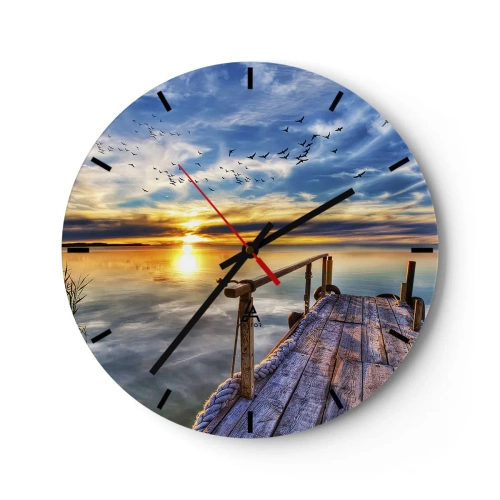 Wanduhr - Glasuhr - Holzsteg über dem See bei Sonnenuntergang - 30x30cm - Der Wind geht zur Ruhe - Moderne Wanddekoration für Wohnzimmer, Küche und Schlafzimmer ARTTOR