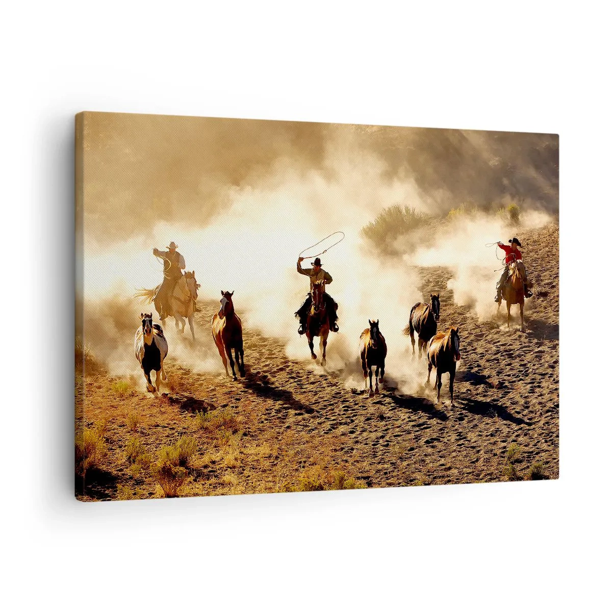 Bild auf Leinwand - Leinwandbild - Cowboys zu Pferd in Aktion im Wüstengelände - 70x50cm - Wirklich wilder Westen - Moderne Wanddekoration für Wohnzimmer und Schlafzimmer ARTTOR
