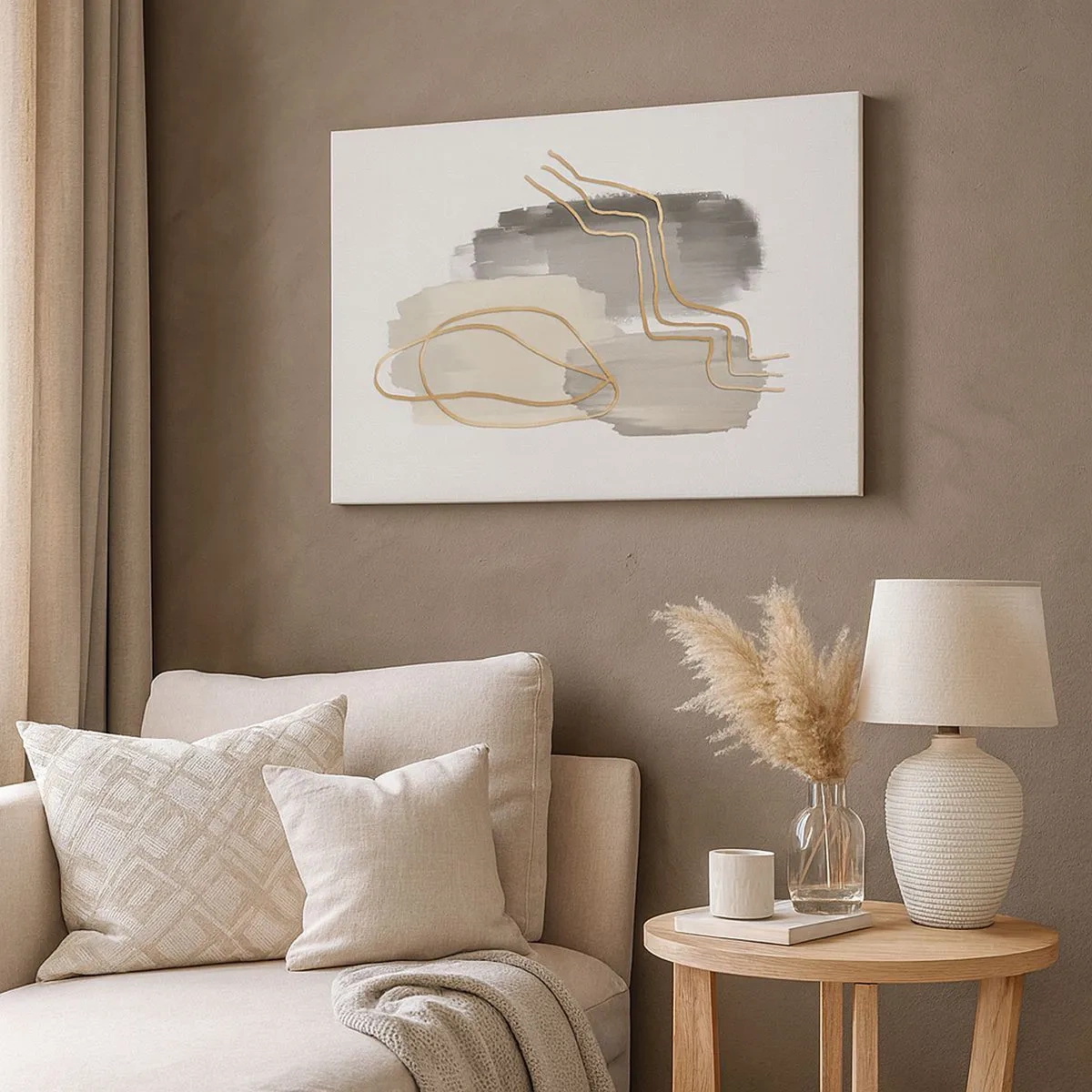 Bild auf Leinwand - Leinwandbild - Abstrakte goldene Linien auf grauem Hintergrund - 70x50cm - Dauer und Bewegung - Moderne Wanddekoration für Wohnzimmer und Schlafzimmer ARTTOR