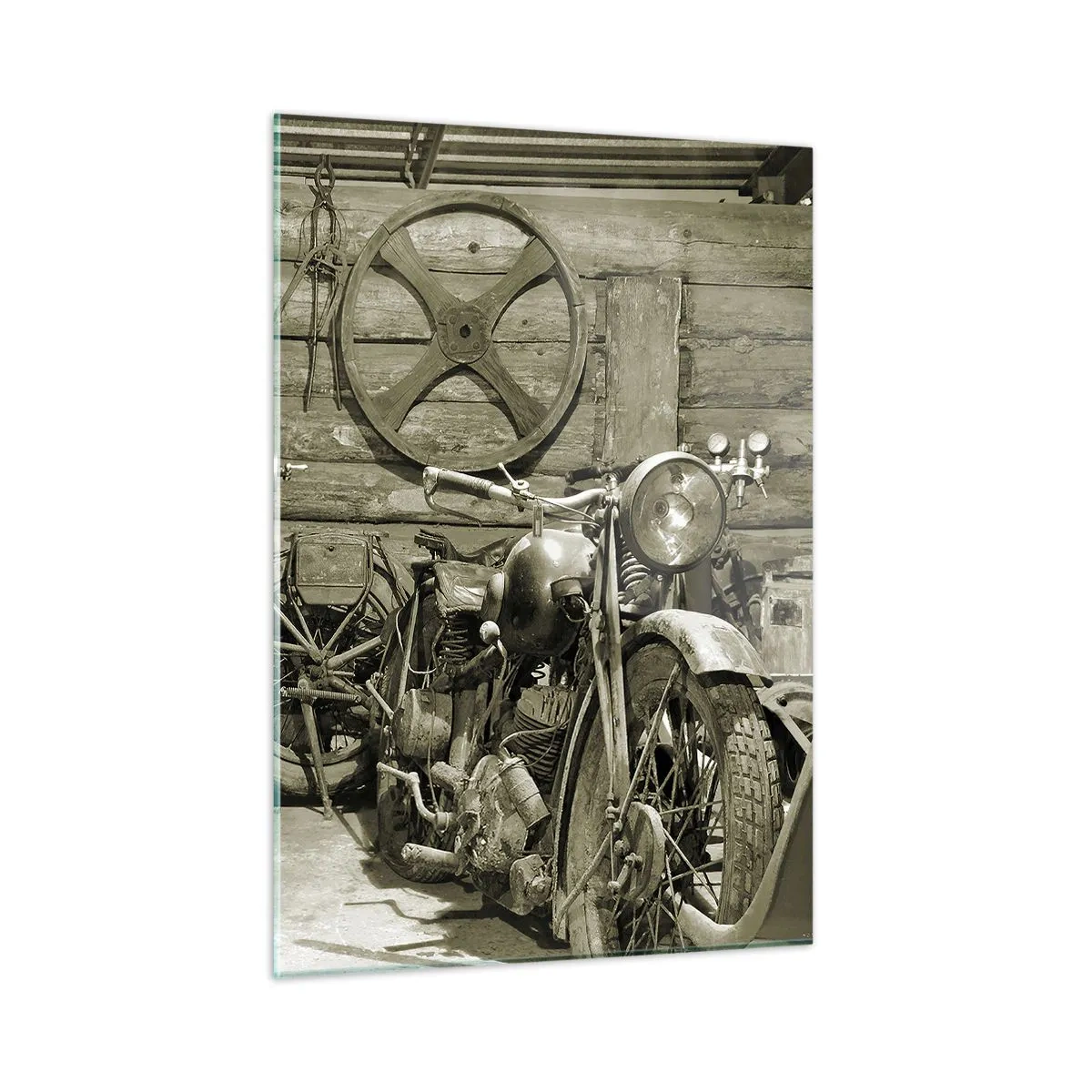 Glasbild - Bild auf glas - Eine Werkstatt mit antiken Werkzeugen und einem alten Motorrad - 50x70cm - Im Schuppen von Onkel Władek - Moderne Wanddekoration für Wohnzimmer und Schlafzimmer ARTTOR