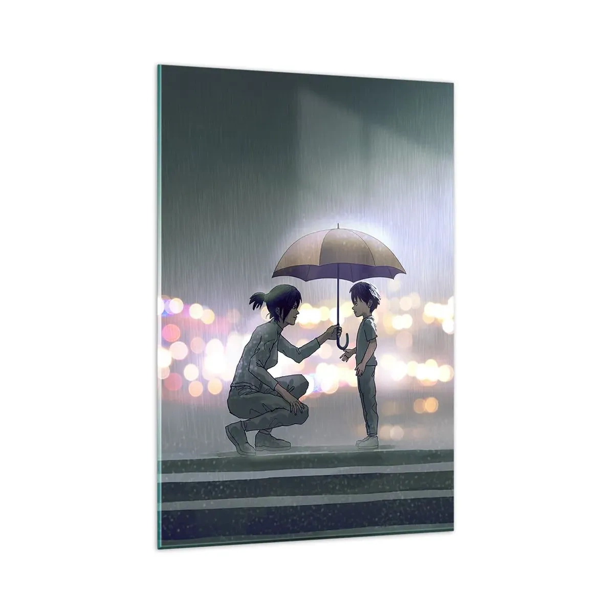 Glasbild - Bild auf glas - Eine Figur mit einem Regenschirm schützt ein Kind vor dem Hintergrund nächtlicher Lichter. - 80x120cm - Und jetzt ist alles in Ordnung - Moderne Wanddekoration für Wohnzimmer und Schlafzimmer ARTTOR
