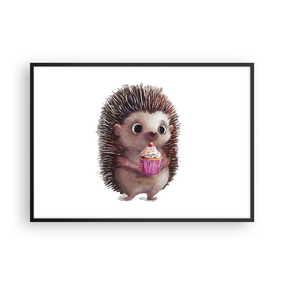Poster in einem schwarzem Rahmen - Ein süßer Igel mit einem Cupcake - 100x70cm - Der Feiertag ist jeden Tag - Moderne Wanddekoration für Wohnzimmer und Schlafzimmer ARTTOR