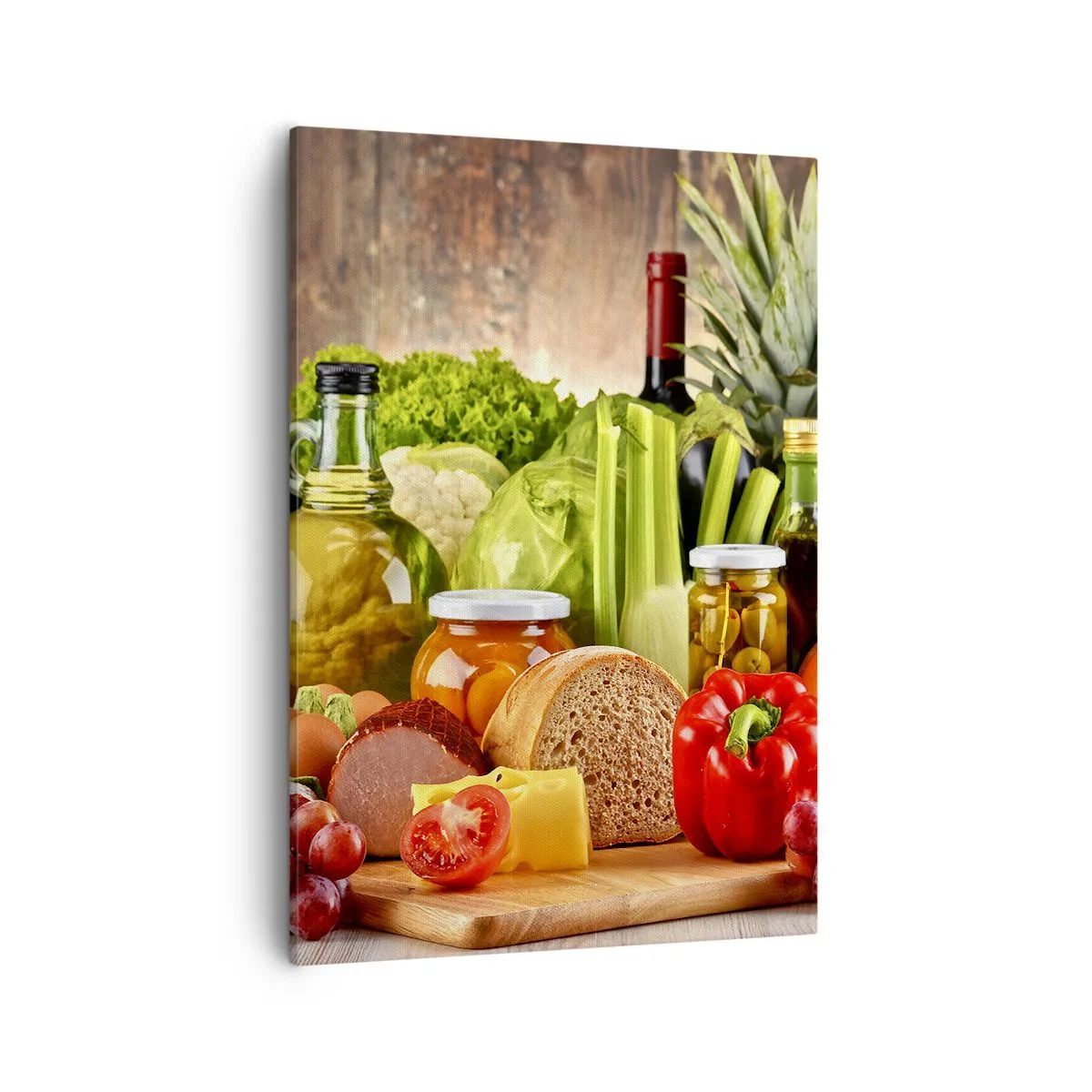 Bild auf Leinwand - Leinwandbild - Buntes Obst, Gemüse und Lebensmittel - 50x70cm - Geräuchert, gebacken und eingelegt - Moderne Wanddekoration für Wohnzimmer und Schlafzimmer ARTTOR