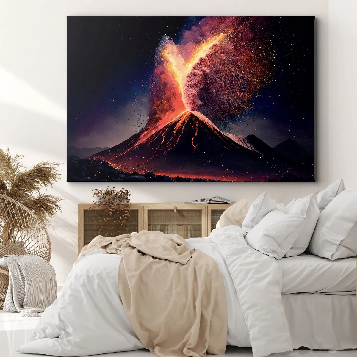 Bild auf Leinwand - Leinwandbild - Ein einzigartiger Vulkanausbruch bei Nacht mit dynamischen Farben. - 70x50cm - Schönheit und Horror - Moderne Wanddekoration für Wohnzimmer und Schlafzimmer ARTTOR