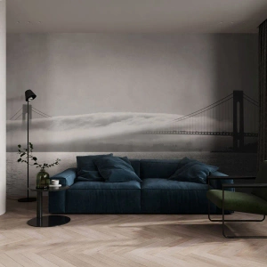 Fototapete Premium Canvas - Eine Brücke über Wasser, eingehüllt in Nebel in einer Schwarz-Weiß-Aufnahme - 100x70cm - Segeln durch das Goldene Tor - Moderne Wanddekoration für Wohnzimmer und Schlafzimmer ARTTOR