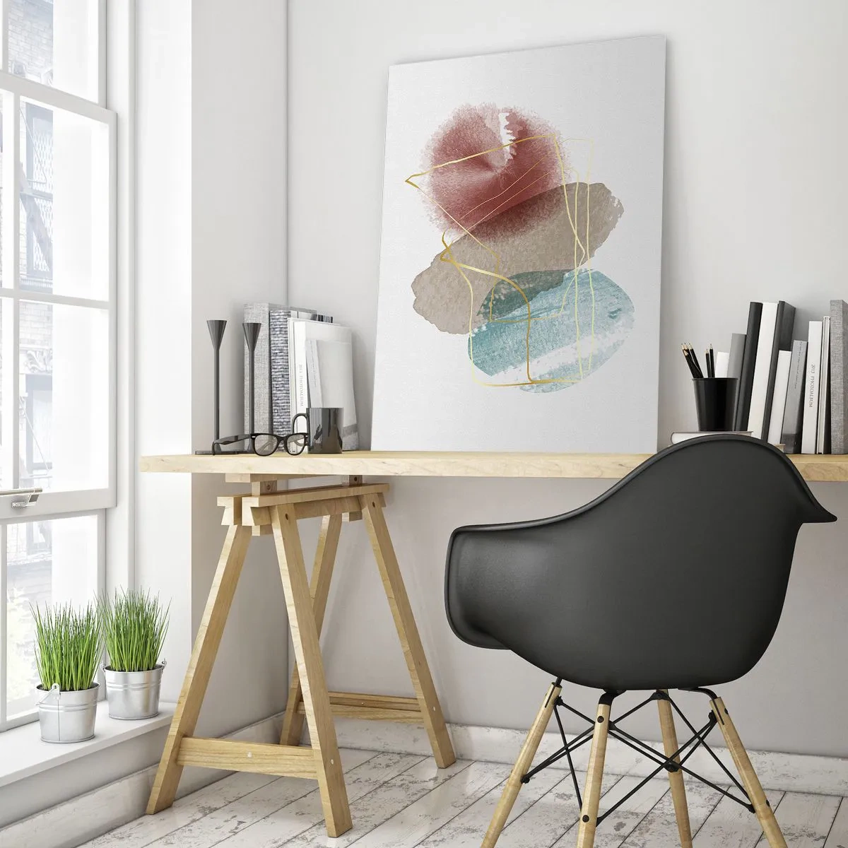 Glasbild - Bild auf glas - Abstrakte Formen mit zarten Farben und goldenen Linien - 70x100cm - Korallen des Weltraums - Moderne Wanddekoration für Wohnzimmer und Schlafzimmer ARTTOR