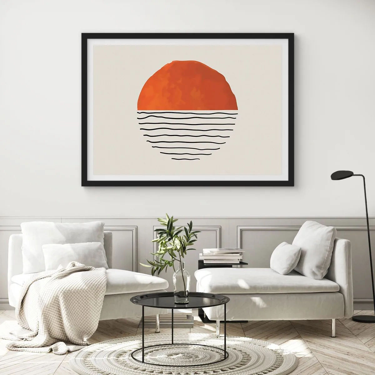 Poster in einem schwarzem Rahmen - Ein minimalistischer Sonnenuntergang über wellenartigen Linien - 100x70cm - Im japanischen Klima - Moderne Wanddekoration für Wohnzimmer und Schlafzimmer ARTTOR