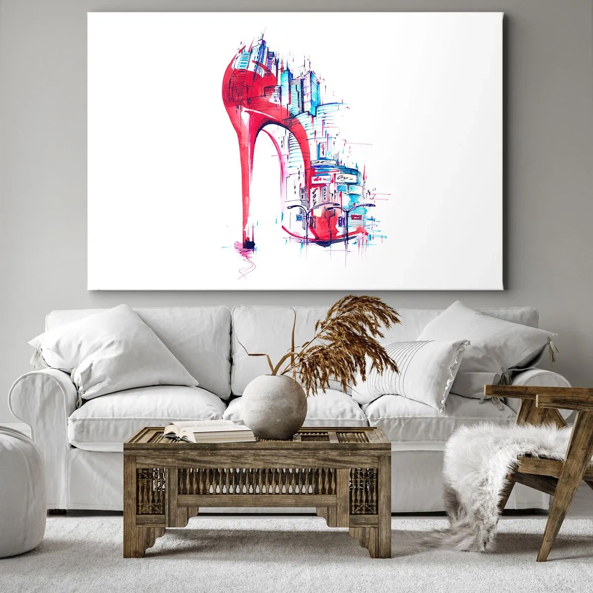 Bild auf Leinwand - Leinwandbild - Abstrakter roter Stilettoabsatz mit urbanen Details - 70x50cm - Ein Großstadt-Dandy - Moderne Wanddekoration für Wohnzimmer und Schlafzimmer ARTTOR