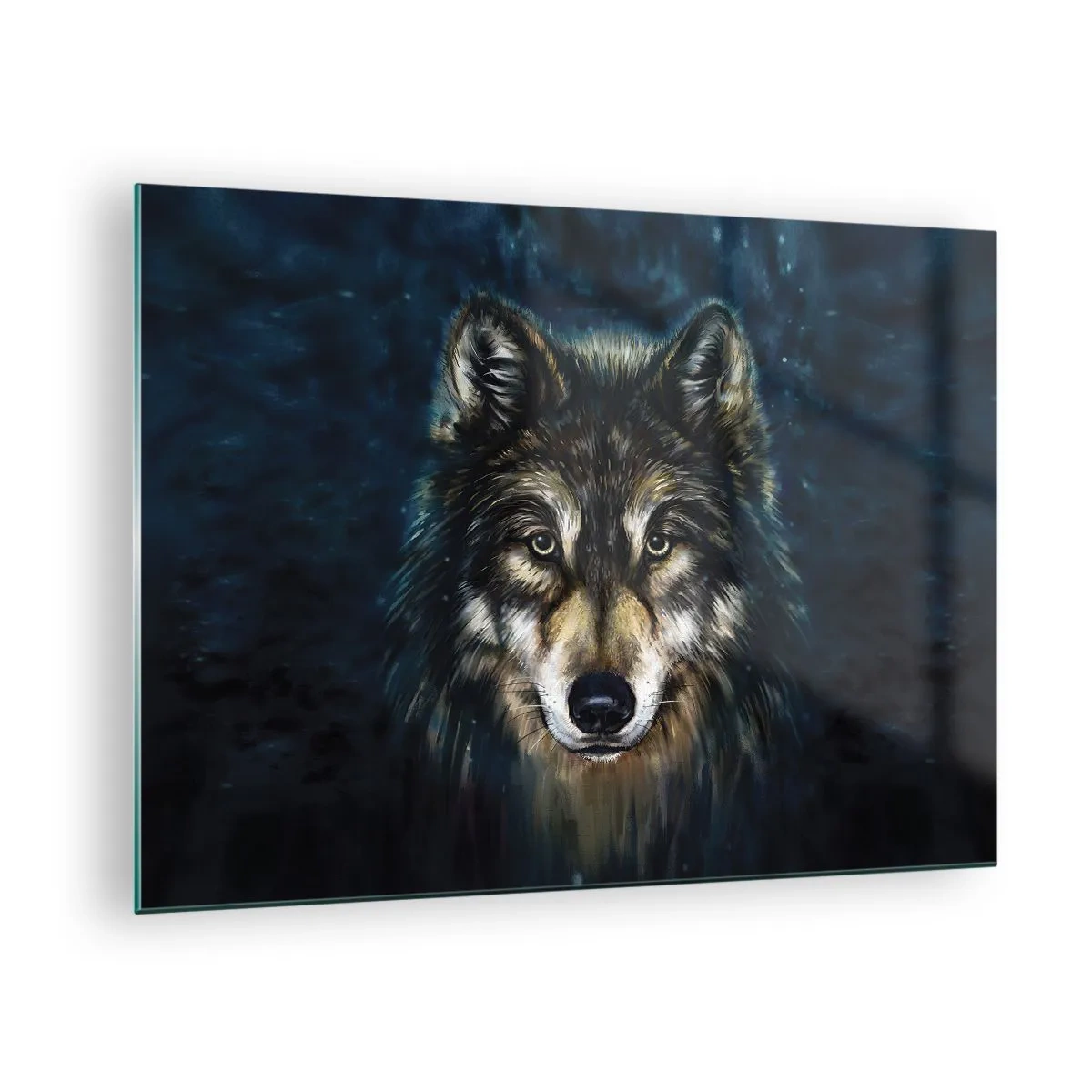 Glasbild - Bild auf glas - Ein Wolf vor einem dunklen Waldhintergrund im realistischen Stil. - 70x50cm - Alpha? Und Omega - Moderne Wanddekoration für Wohnzimmer und Schlafzimmer ARTTOR